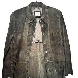 Vintage Clichy Suede Leather Jacket Black Sz 14 Button Front Long Sleeve Grunge
